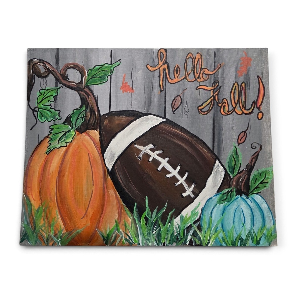 Original Hello Fall Football Pumpkin Acrylic Painting 12x9